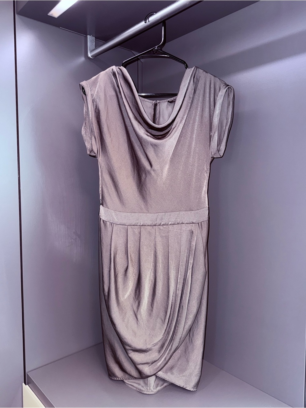 BCBG Gray Draped Cowl Neck Mini Dress Ruched Waist S